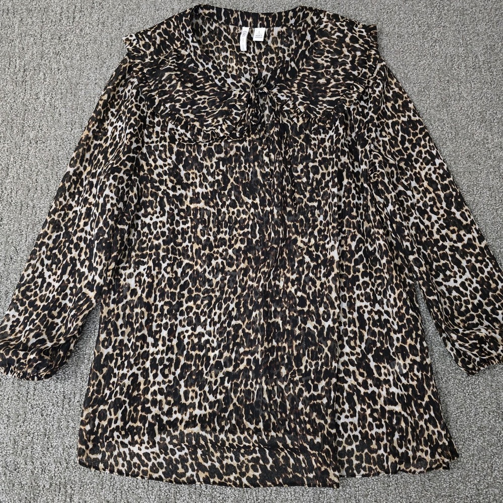 Cato Sheer Leopard Print Peasant Blouse L Boho Animal Print Metallic